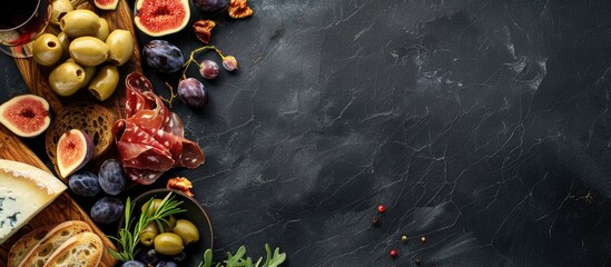 A variety of cheeses, figs, bread, olives, and prosciutto displayed with a red wine selection on a wooden board against a black background, with empty space for text, top-down view. - obrazy, fototapety, plakaty