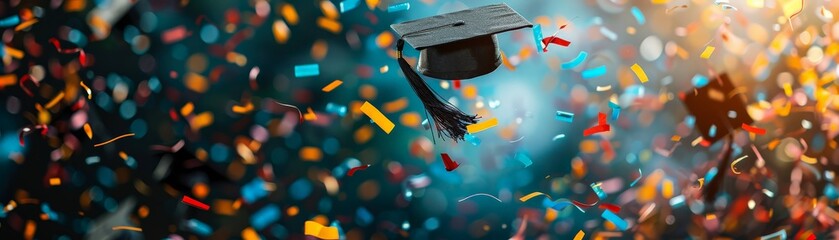 Graduation confetti and caps in mid-air, symbol of freedom and achievement