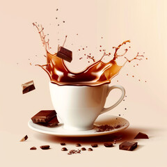 Delicious Hot Coffee, Cocoa or Cappuccino Frozen Action in Mid Splash and Spill. Isolated on Neutral Background. Made in Part with Generative AI.