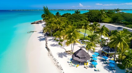 Panoramic aerial view of tropical island with palm trees, sand and turquoise water