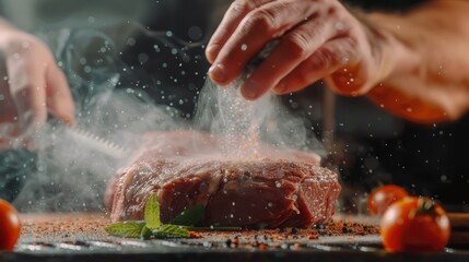 Chef hands cooking meat steak and adding seasoning in a freeze motion. Fresh raw Prime Black Angus beef rump steak.