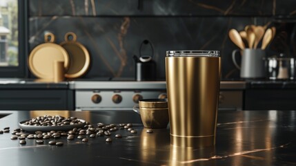 Impress your clients with this luxurious gold coffee tumbler mockup guaranteed to make your brand stand out. - obrazy, fototapety, plakaty