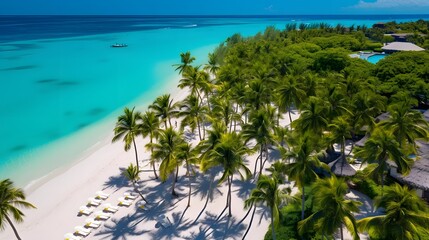 Aerial view of beautiful tropical beach with coconut palm trees, blue lagoon and turquoise sea