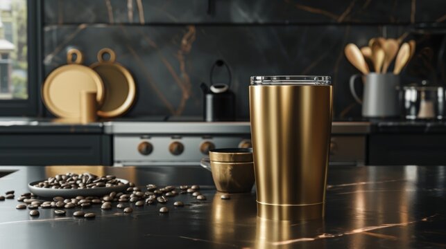 Impress your clients with this luxurious gold coffee tumbler mockup guaranteed to make your brand stand out.