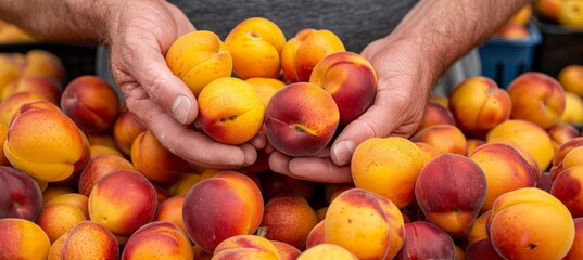 Fresh nectarine held in hand with selection on blurred background, copy space available