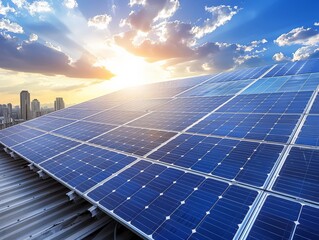 Solar panels on a rooftop, urban renewable energy concept 