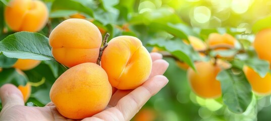 Fresh apricot held with blurred background, great for text and showcasing selection