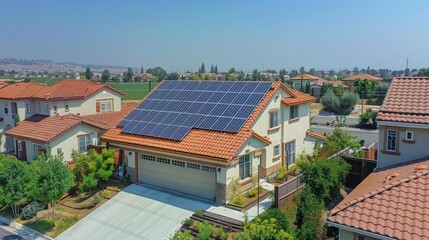 Obraz premium Solar panels on residential roofs, suburbia embracing clean energy 