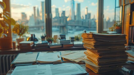 A stack of papers on a desk with a view of a city in the background - obrazy, fototapety, plakaty