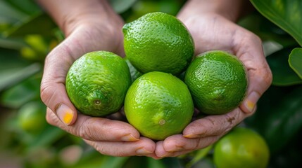 Fresh tangy lime held in hand with selection of limes on blurred background, copy space available