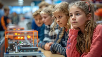 Obraz premium A group of children are looking at a robot
