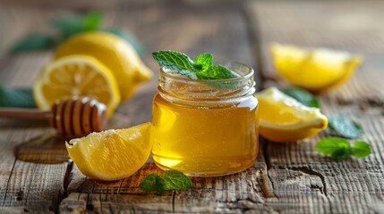 Honey with lemon and mint on wooden table . Healthy nutrition - obrazy, fototapety, plakaty