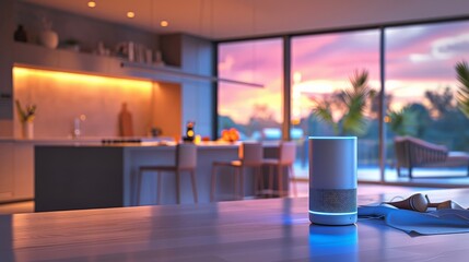 A smart speaker sits on a table in a kitchen
