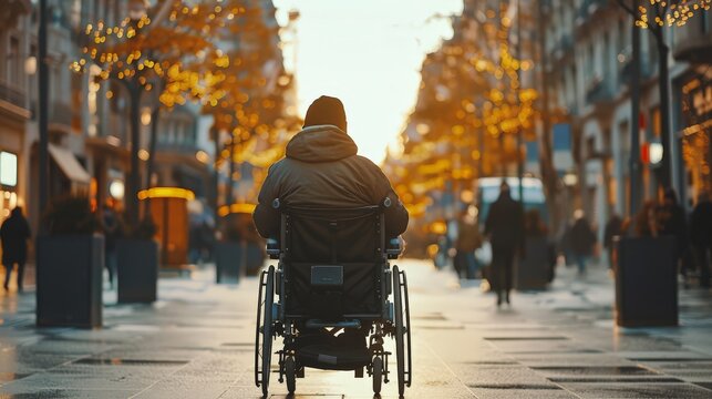 A man in a wheelchair is sitting on a sidewalk in a city