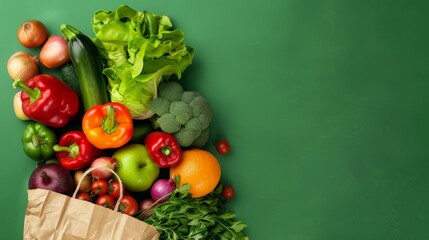 Shopping or delivery healthy food background. Healthy vegan vegetarian food in paper bag vegetables and fruits on green,