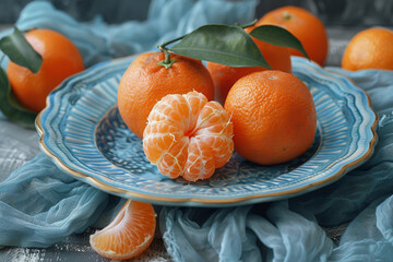 The citrus fruits and tangerines on a blue plate. gray backdrop with a blue scarf.