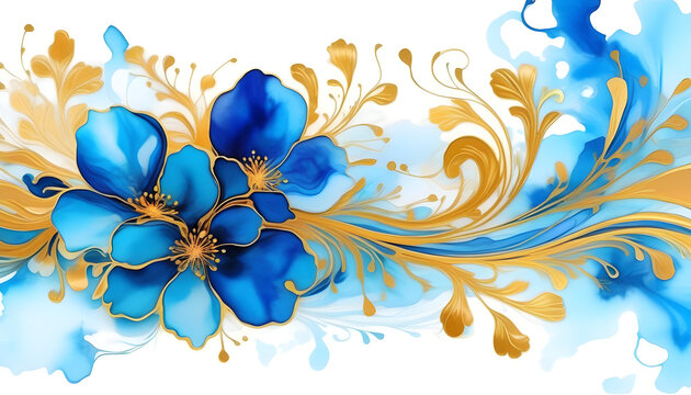 An abstract painting with blue petals and gold swirls on a white background