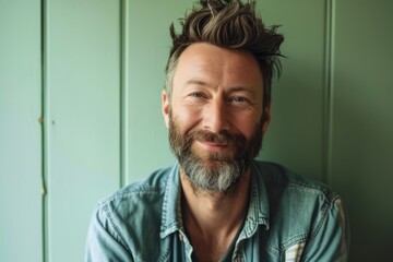 Portrait of a handsome bearded man in a denim shirt against a green wall