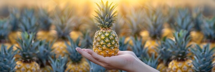 Hand holding pineapple slice with selection on blurred background, copy space available