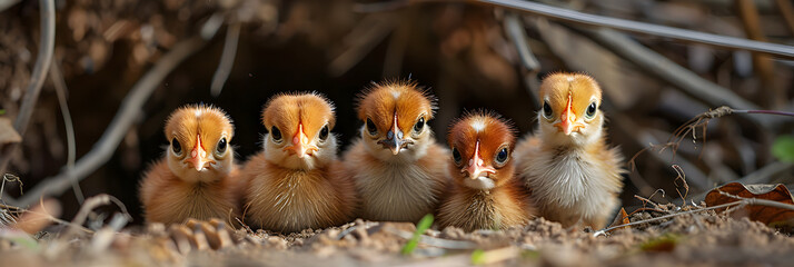 Group of Small Chickens Standing Closely Together,
A cute yellow chick sits snugly in a nest surrounded by Easter