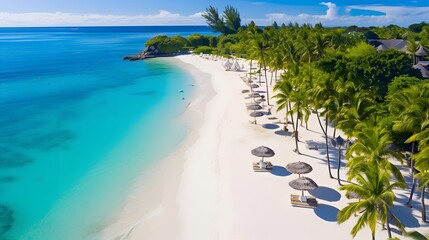 Aerial view of beautiful tropical beach with palm trees and white sand.