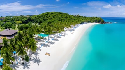 Fototapeta na wymiar Aerial view of beautiful tropical beach with palm trees and white sand