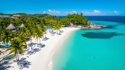 Aerial view of beautiful white sand beach with palm trees and turquoise water at Seychelles