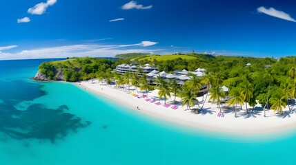 Aerial view of beautiful tropical beach with white sand, turquoise water and blue sky.