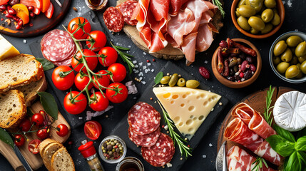 Appetizers table with different antipasti, charcuterie, snacks and cheese. Generative Ai - obrazy, fototapety, plakaty