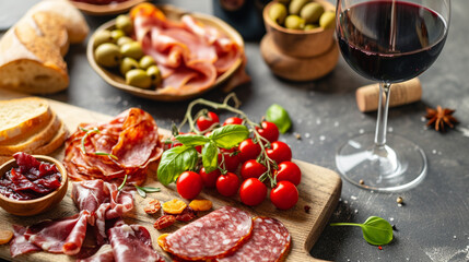 Appetizers table with differents antipasti snacks and wine. Generative Ai