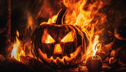 Flaming Halloween Pumpkin in the Night
