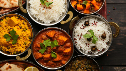 Assorted indian food for lunch or dinner, rice, lentils. Generative Ai - obrazy, fototapety, plakaty