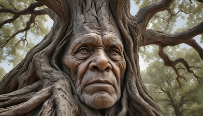 Fototapeta na wymiar A Hyperrealistic Portrait Of A Wise Old Tree Show