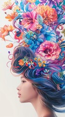 Naklejka premium A female hairstylist creating a masterpiece on canvas with watercolor, where the hair she cuts forms colorful cartoon flowers around an ID photo, 