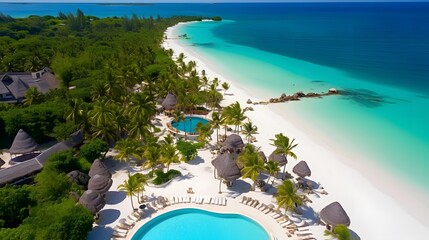 Aerial view of beautiful tropical island with white sand beach, turquoise water and palm trees.