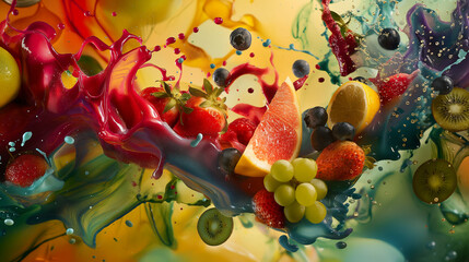 Flavor explosion, colorful swirls of taste sensations, dynamic motion, ingredients bursting forth, vibrant hues representing different flavors, sensory overload, culinary creativity unleashed - obrazy, fototapety, plakaty