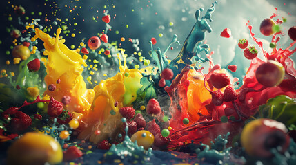 Flavor explosion, colorful swirls of taste sensations, dynamic motion, ingredients bursting forth, vibrant hues representing different flavors, sensory overload, culinary creativity unleashed
