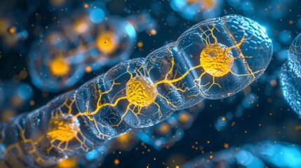 A detailed view of the electron transport chain within a mitochondrion with its intricate system of electron carriers and protein