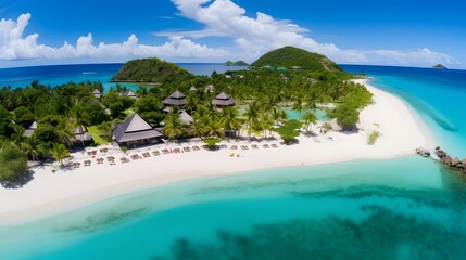 Aerial view of beautiful tropical beach with white sand, turquoise water and blue sky