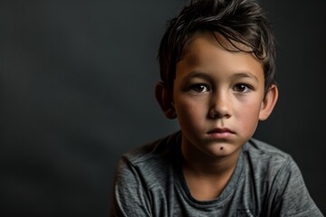 Portrait of a sad little boy on a dark background. Selective focus.