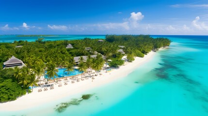 Fototapeta na wymiar Panoramic aerial view of a tropical island in the Maldives