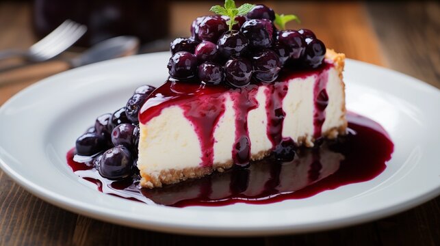 New York-style cheesecake with a blueberry compote.