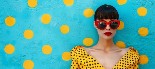 Retro woman in sunglasses with pop art background  surreal 60s 70s disco club fashion culture