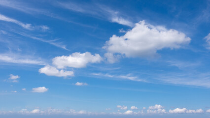 Blue sky filled with clouds, cumulous and feather clouds.