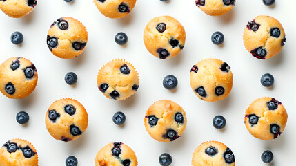 top down view of blueberry cupcake muffins evenly distributed on white background