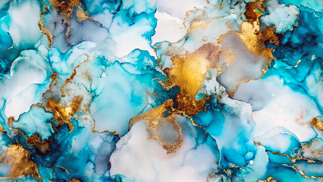 Blue color and gold glitter alcohol ink seamless pattern. Generative ai