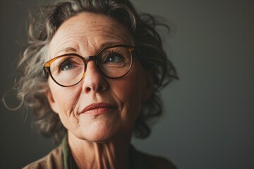 Portrait of senior woman with eyeglasses on grey background.