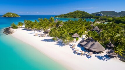 Aerial view of beautiful white sand beach with palm trees and turquoise ocean water