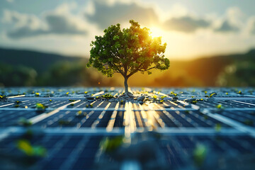 A youthful, colorful tree emerging from the middle of a solar panel field, signifying the expansion of renewable energy sources and a sustainable, carbon-free future