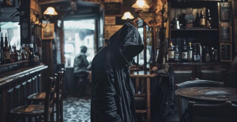 A hooded figure slinks through the dimly lit tavern movements quiet and purposeful as they make way to a secluded corner . . - obrazy, fototapety, plakaty